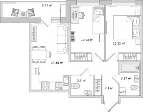 ЖК «Parkolovo», планировка 2-комнатной квартиры, 49.40 м²
