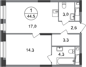 ЖК «Первый Московский», планировка 1-комнатной квартиры, 44.50 м²