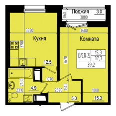ЖК «Прагма City», планировка 1-комнатной квартиры, 39.20 м²