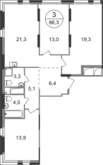 ЖК «Первый Московский», планировка 3-комнатной квартиры, 86.30 м²
