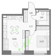 ЖК «Upside Towers», планировка 1-комнатной квартиры, 44.82 м²