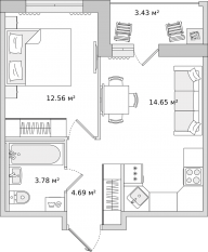 ЖК ЦДС «Dreamline», планировка 1-комнатной квартиры, 34.90 м²