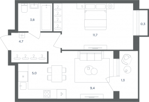 МФК «Равновесие», планировка 1-комнатной квартиры, 36.20 м²