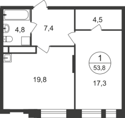 ЖК «Первый Московский», планировка 1-комнатной квартиры, 53.80 м²