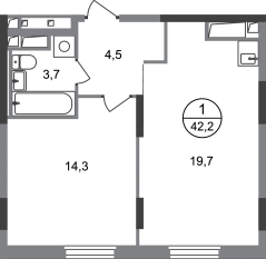 ЖК «Переделкино Ближнее», планировка 1-комнатной квартиры, 42.20 м²