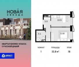 ЖК «Новая Звезда» (Газопровод), планировка 1-комнатной квартиры, 33.60 м²