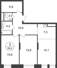 ЖК «Первый Московский», планировка 3-комнатной квартиры, 76.00 м²