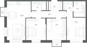 МФК «Равновесие», планировка 3-комнатной квартиры, 77.60 м²