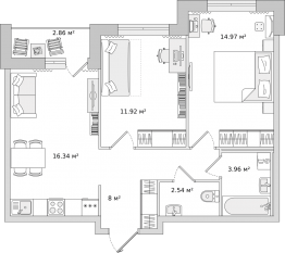 ЖК «Город Первых», планировка 2-комнатной квартиры, 57.00 м²
