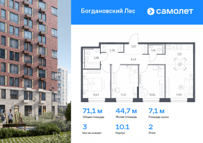 ЖК «Богдановский Лес», планировка 3-комнатной квартиры, 71.09 м²