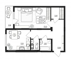 МЖК «Верево-Сити», планировка 1-комнатной квартиры, 51.57 м²