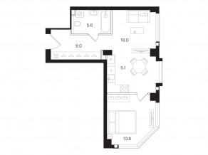 ЖК «Мангазея на Тульской», планировка 1-комнатной квартиры, 51.50 м²