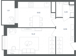 МФК «Равновесие», планировка 1-комнатной квартиры, 35.80 м²