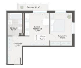 ЖК «Руднева, 15», планировка 1-комнатной квартиры, 42.30 м²