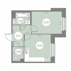 ЖК «Огни Залива», планировка 1-комнатной квартиры, 36.62 м²