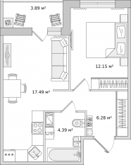 ЖК ЦДС «Dreamline», планировка 1-комнатной квартиры, 44.20 м²