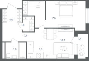МФК «Равновесие», планировка 2-комнатной квартиры, 47.20 м²