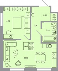 ЖК «Стороны света-2», планировка 1-комнатной квартиры, 35.39 м²