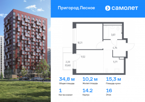 ЖК «Пригород Лесное», планировка 1-комнатной квартиры, 34.79 м²