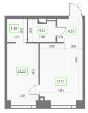 ЖК «Upside Towers», планировка 1-комнатной квартиры, 42.53 м²
