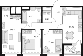 Апарт-комплекс «GloraX Заневский», планировка 3-комнатной квартиры, 83.80 м²