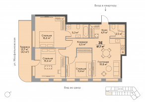 ЖК «Stories на Мосфильмовской», планировка 3-комнатной квартиры, 91.50 м²