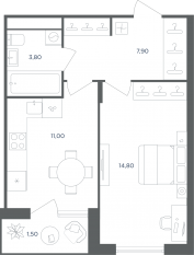 МФК «Равновесие», планировка 1-комнатной квартиры, 37.50 м²