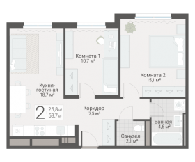 ЖК «Руднева, 15», планировка 2-комнатной квартиры, 58.70 м²