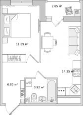 ЖК «Город Первых», планировка 1-комнатной квартиры, 44.00 м²