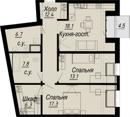 ЖК «Meltzer Hall», планировка 2-комнатной квартиры, 84.00 м²