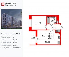 ЖК «Бионика Заповедная», планировка 1-комнатной квартиры, 33.19 м²