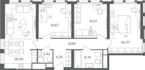 ЖК «Headliner», планировка 4-комнатной квартиры, 99.00 м²