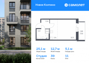 ЖК «Новое Колпино», планировка студии, 25.10 м²