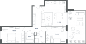 МФК «Равновесие», планировка 3-комнатной квартиры, 65.70 м²
