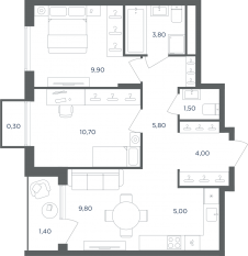МФК «Равновесие», планировка 3-комнатной квартиры, 52.20 м²