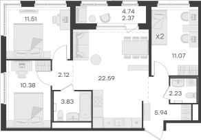 ЖК «GloraX Парголово», планировка 3-комнатной квартиры, 72.04 м²