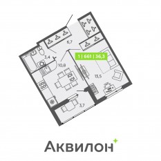 ЖК «All inclusive», планировка 1-комнатной квартиры, 36.30 м²