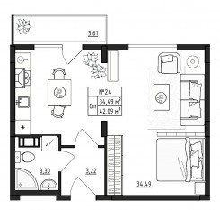 МЖК «Верево-Сити», планировка 1-комнатной квартиры, 42.09 м²