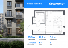ЖК «Новое Колпино», планировка студии, 25.49 м²