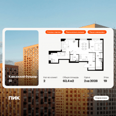 ЖК «Кавказский бульвар 51», планировка 2-комнатной квартиры, 63.40 м²