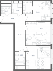 ЖК «Headliner», планировка 3-комнатной квартиры, 81.31 м²