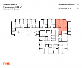 ЖК «Кавказский бульвар 51», планировка 2-комнатной квартиры, 66.20 м²