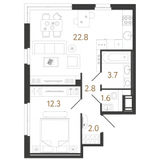 ЖК «Литера», планировка 1-комнатной квартиры, 45.10 м²