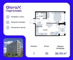 ЖК «GloraX Парголово», планировка 1-комнатной квартиры, 35.93 м²