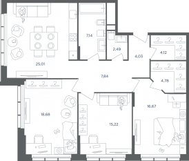 ЖК «Headliner», планировка 4-комнатной квартиры, 107.00 м²