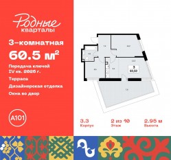 ЖК «Родные кварталы», планировка 3-комнатной квартиры, 60.50 м²