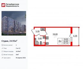 ЖК «Бионика Заповедная», планировка студии, 24.95 м²