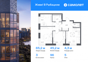 ЖК «Живи! В Рыбацком», планировка 3-комнатной квартиры, 65.20 м²