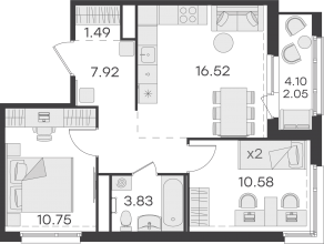 ЖК «GloraX Парголово», планировка 2-комнатной квартиры, 53.14 м²