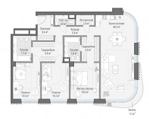 ЖК Дом «Лаврушинский», планировка 3-комнатной квартиры, 146.40 м²